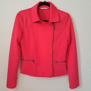 T Tahari Women's Bright Pink Moto Zipper Detail Military Jacket Medium